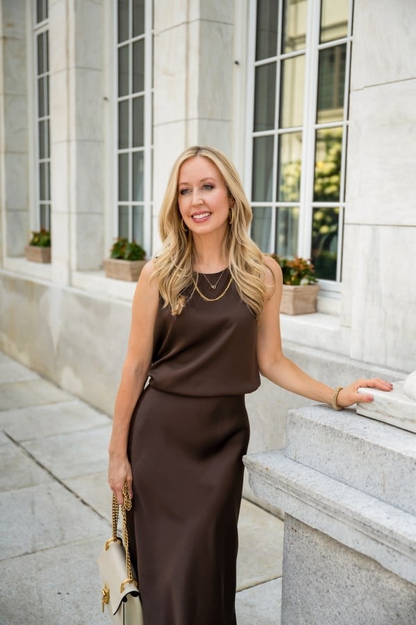 Brown Silk Slip Dress with Draped Neckline Brown Silk Slip Dress with Draped Neckline — Classy Brown Outfits