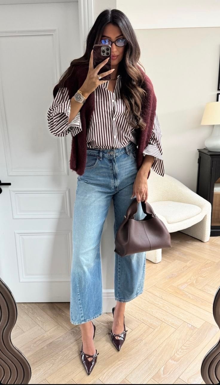 Striped Shirt with Burgundy Sweater and Brown Handbag Striped Shirt with Burgundy Sweater and Brown Handbag — Classy Brown Outfits