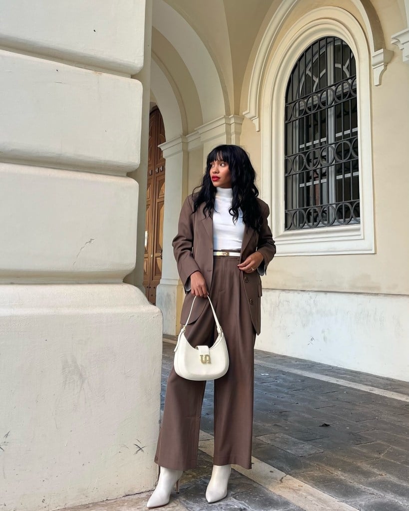 Brown Suit with White Turtleneck and White Boots Brown Suit with White Turtleneck and White Boots — Classy Brown Outfits