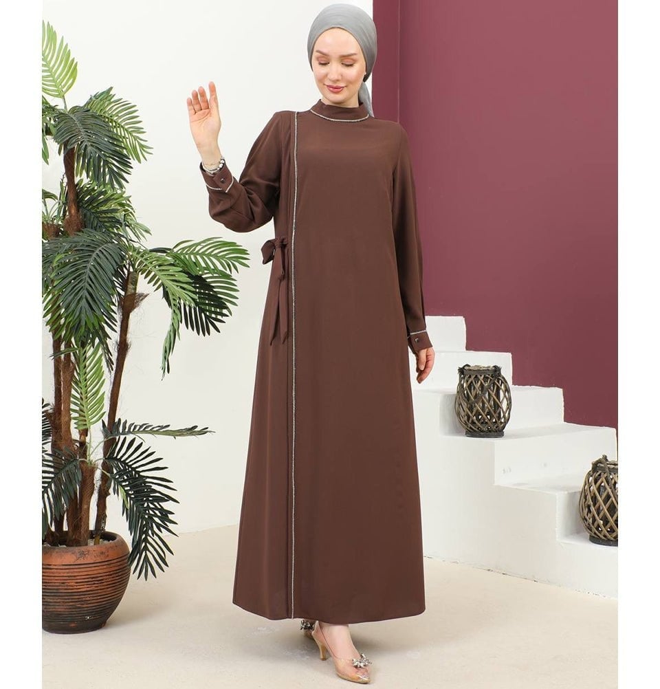 Modest Brown Maxi Dress with Embellished Trim Modest Brown Maxi Dress with Embellished Trim — Classy Brown Outfits