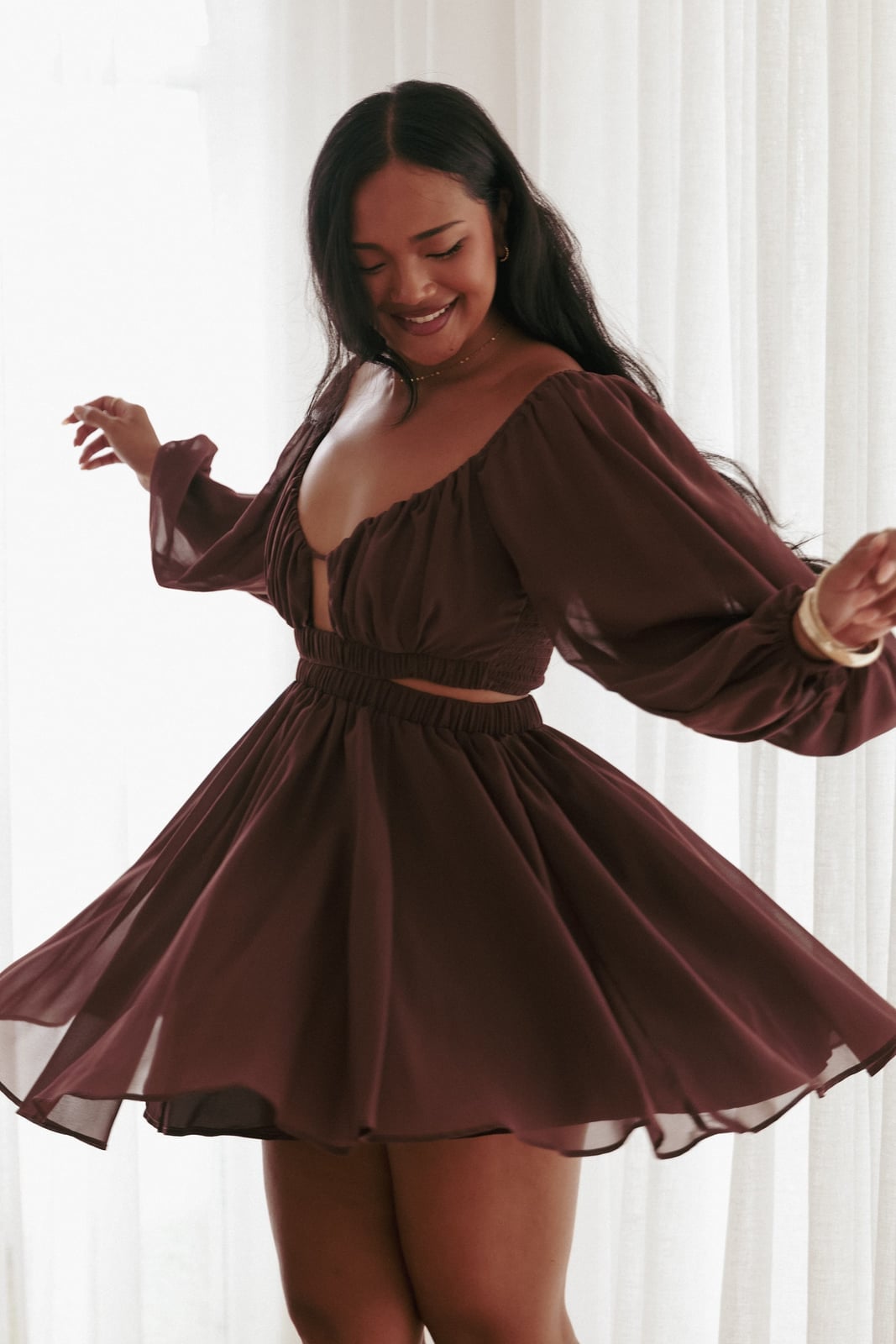 Reddish-Brown Chiffon Mini Dress with Cutouts Reddish-Brown Chiffon Mini Dress with Cutouts — Classy Brown Outfits