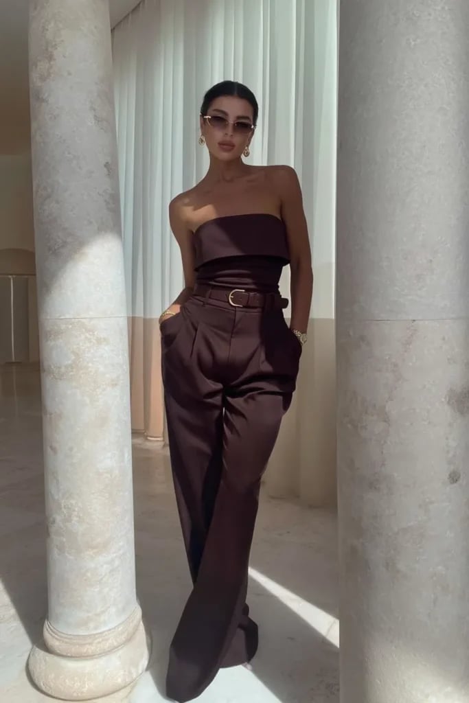 Deep Brown Strapless Jumpsuit with Gold Belt Deep Brown Strapless Jumpsuit with Gold Belt — Classy Brown Outfits