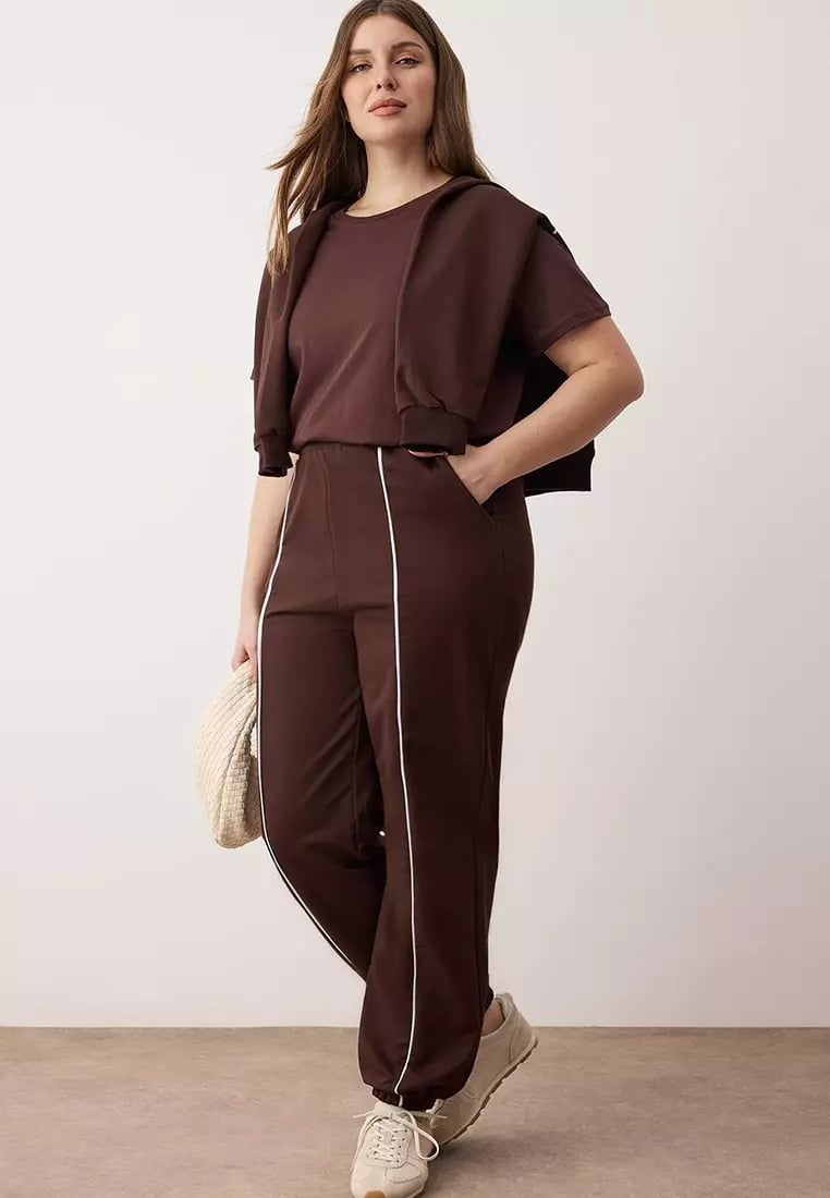 Chocolate Brown Set With White Piping Detail — Classy Brown Sweatpants Outfit