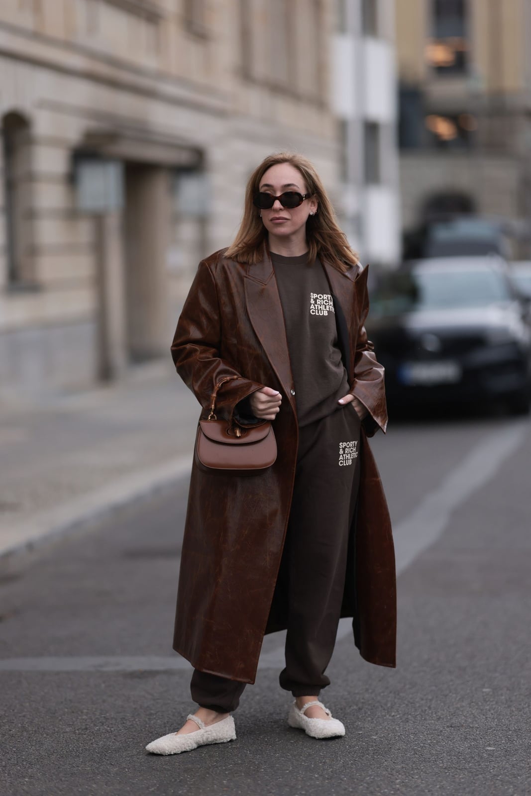 Monochromatic Brown Set With Leather Coat — Classy Brown Sweatpants Outfit