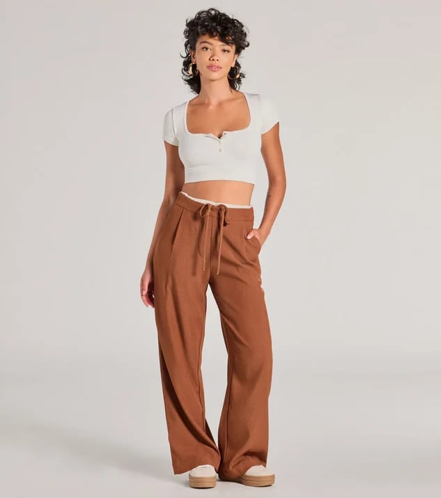 High Waisted Brown Trousers With Drawstring Tie — Classy Brown Sweatpants Outfit