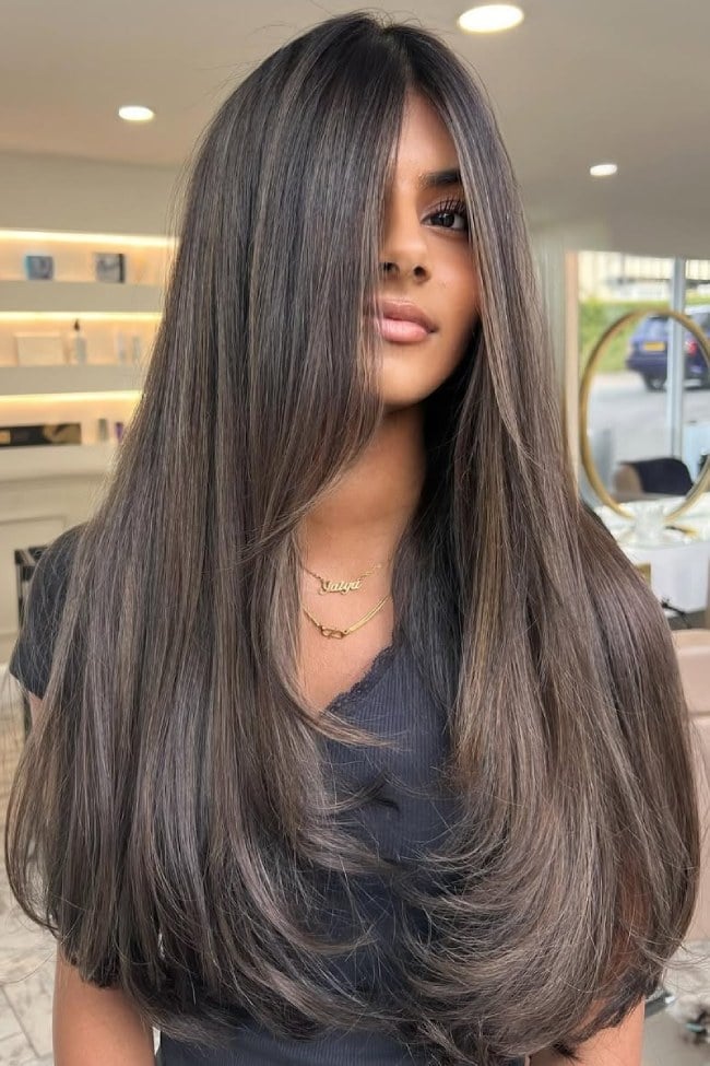 Long Ash Brown With Greyish Highlights Long Ash Brown With Greyish Highlights — Classy Brunette Hair Colors