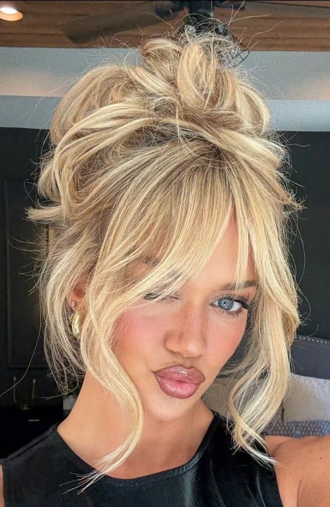 Messy High Updo With Curtain Bangs — Classy Bun and Bang