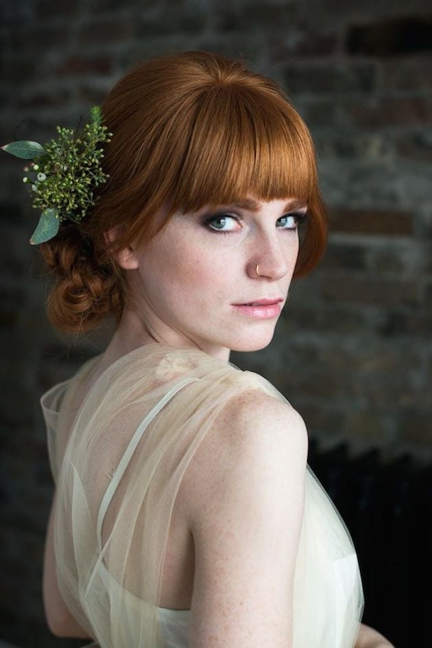 Low Bun Red Hair Blunt Bangs, Collarbone — Classy Bun and Bang