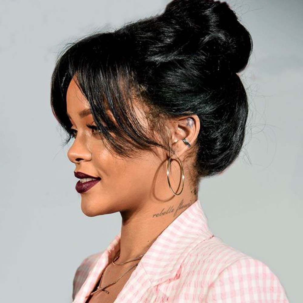 High Voluminous Bun Black Hair Full Fringe — Classy Bun and Bang