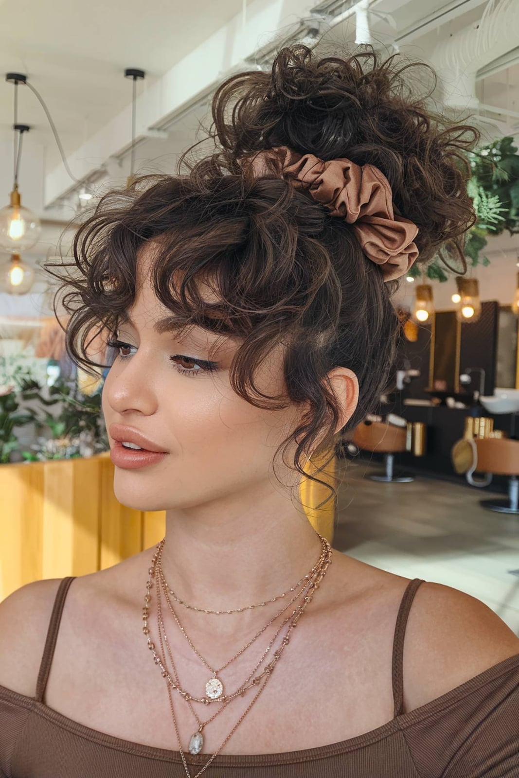 Messy High Updo Curly Hair Scrunchie — Classy Bun and Bang