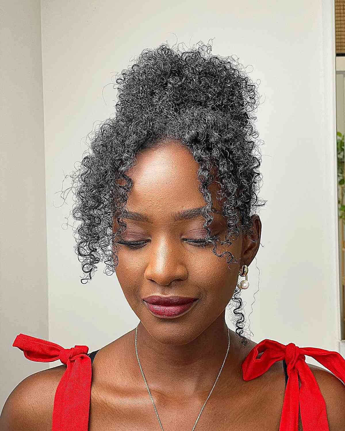 High Curly Bun With Curtain Bangs — Classy Bun and Bang