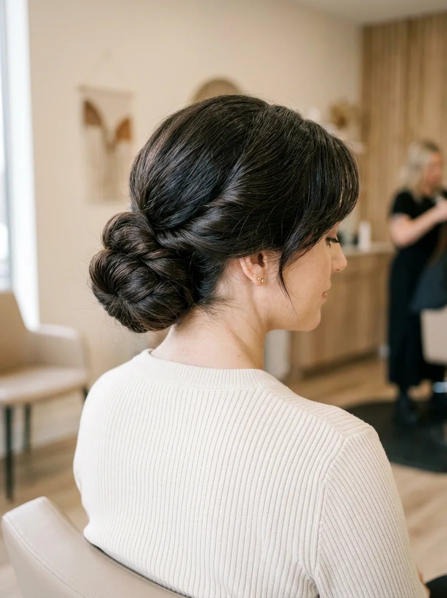 Low Twisted Bun Dark Brown Curtain Bangs — Classy Bun and Bang