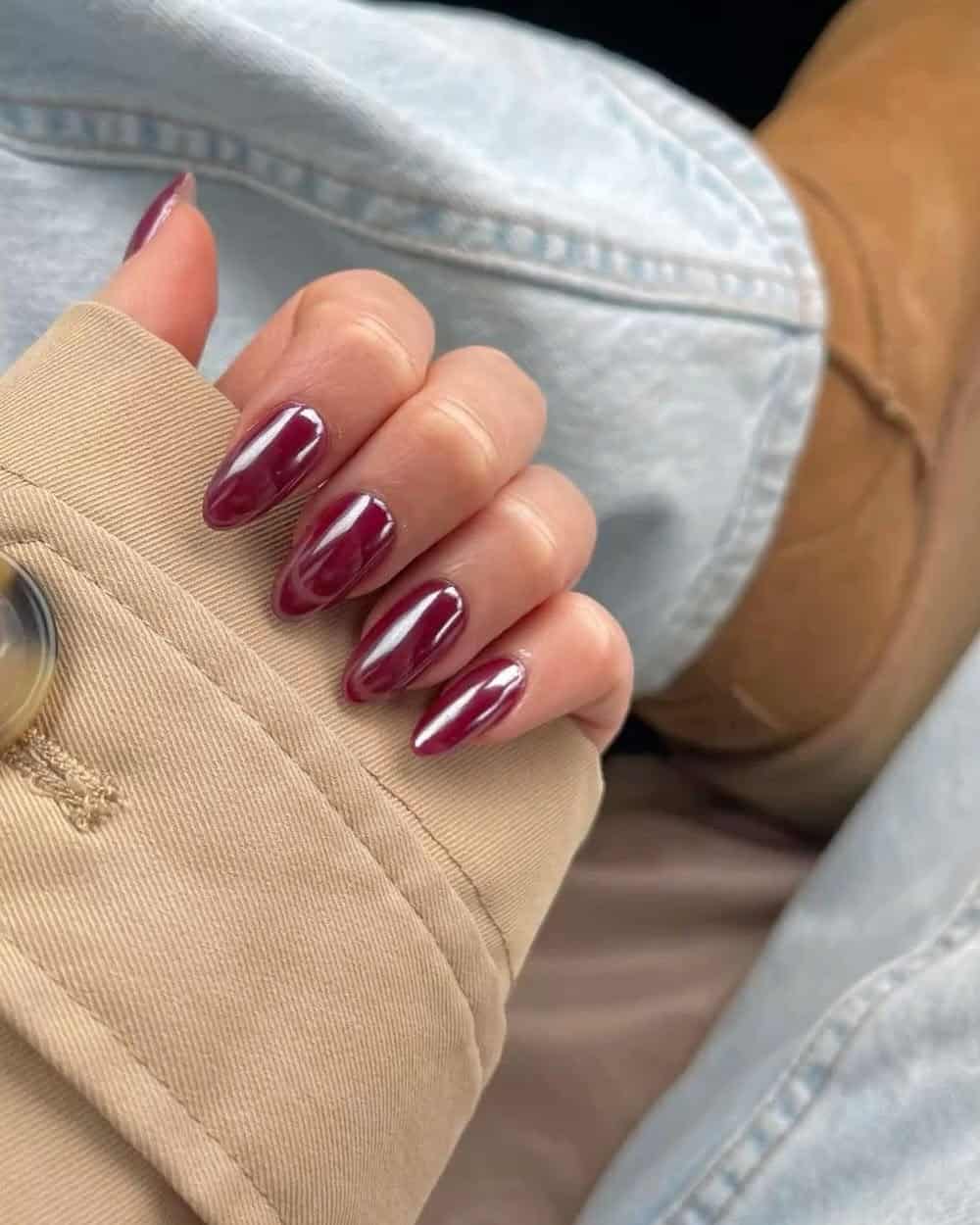 Medium Almond Rich Burgundy Lustrous Chrome Nails — Classy Burgundy Chrome Nails