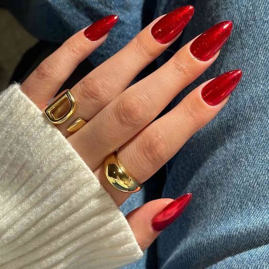 Medium Almond Vibrant Red Chrome Nails — Classy Burgundy Chrome Nails