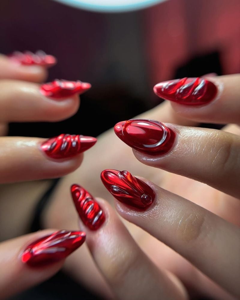 Medium Almond Red Chrome Swirl Accent Nails — Classy Burgundy Chrome Nails