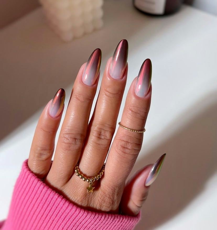Long Stiletto Burgundy Nude Chrome Ombre Nails — Classy Burgundy Chrome Nails