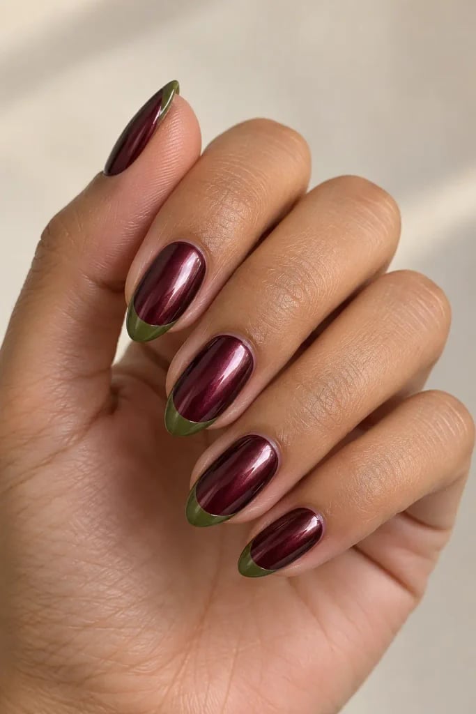 Medium Oval Burgundy Chrome French Tip Nails — Classy Burgundy Chrome Nails
