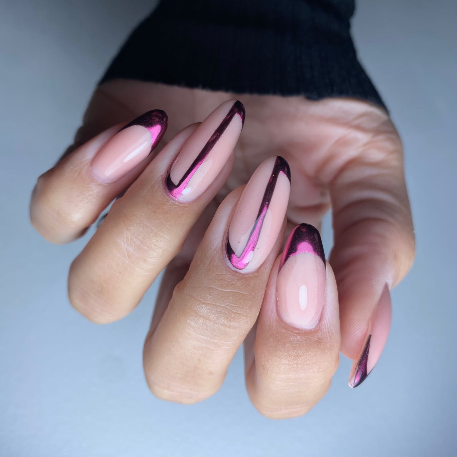 Medium Almond Pink Nude Metallic Line French Nails — Classy Burgundy Chrome Nails