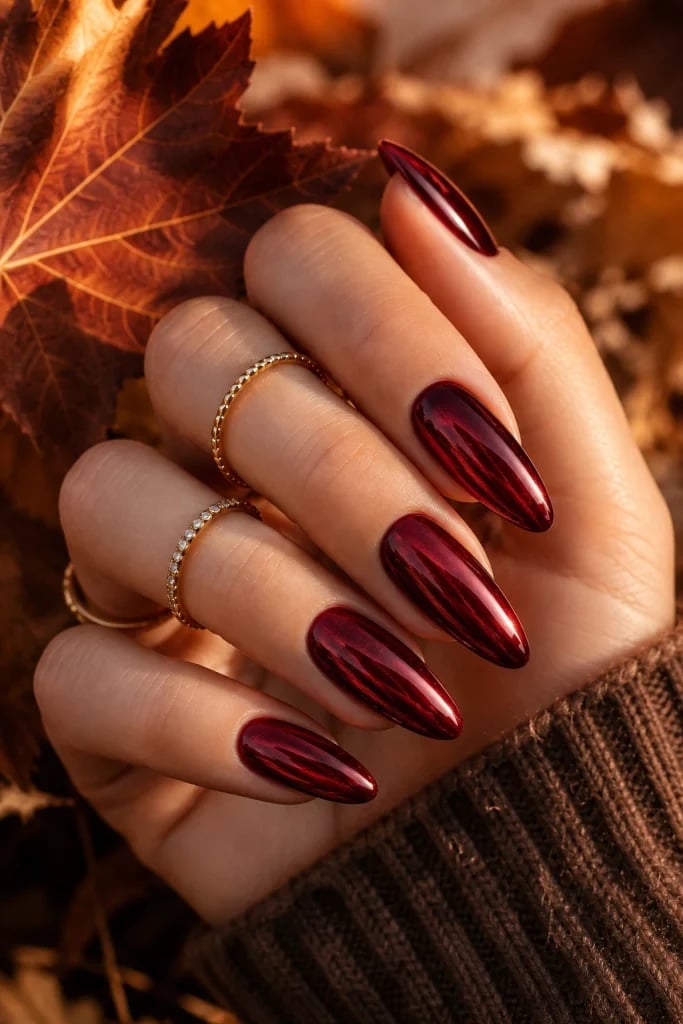 Long Stiletto Deep Metallic Burgundy Chrome Nails — Classy Burgundy Chrome Nails