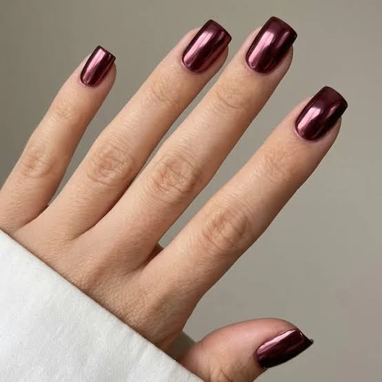 Short Square Deep Burgundy Chrome Polish Nails — Classy Burgundy Chrome Nails