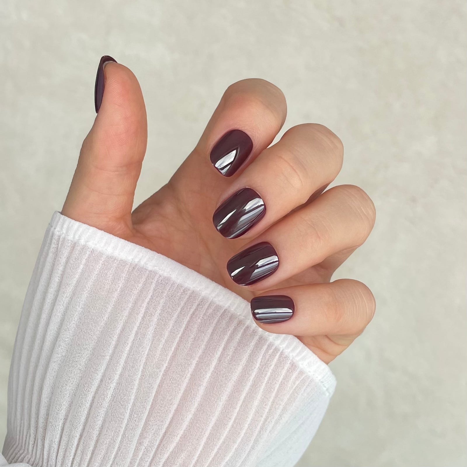 Short Square Deep Reflective Burgundy Chrome Nails With Full Color — Classy Burgundy Chrome Nails