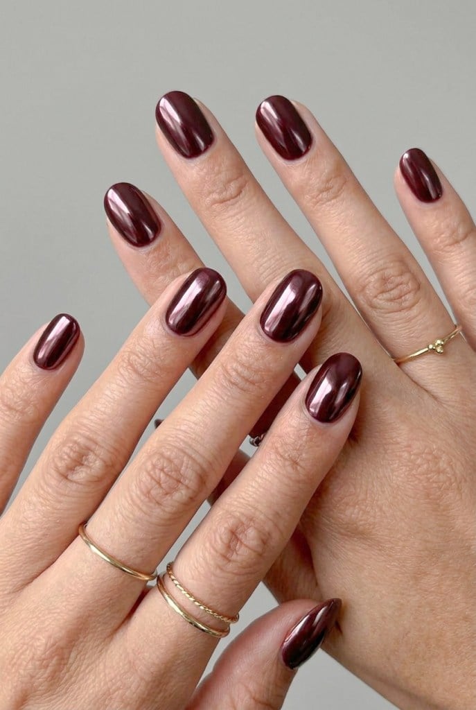 Short Oval Deep Burgundy Pink Undertone Chrome — Classy Burgundy Chrome Nails