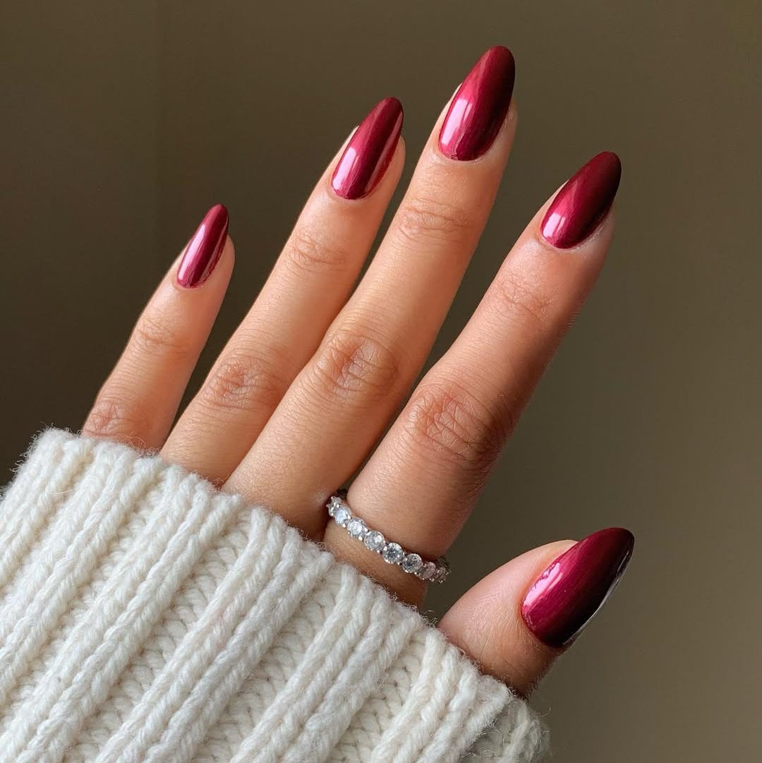 Medium Almond High Shine Burgundy Chrome Nails — Classy Burgundy Chrome Nails