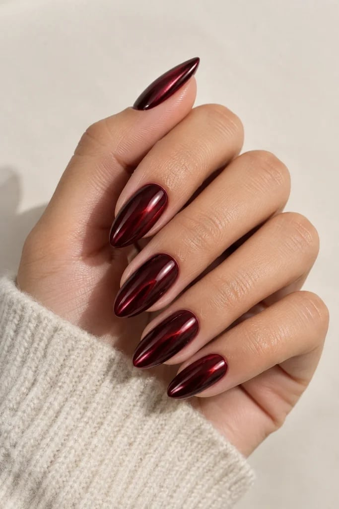 Medium Stiletto Deep Burgundy Chrome Liquid Effect — Classy Burgundy Chrome Nails