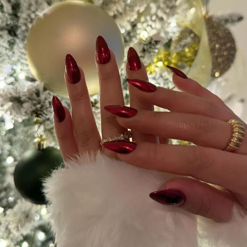 Long Stiletto Deep Burgundy Chrome Festive Nails, Close-Up Take — Classy Burgundy Chrome Nails