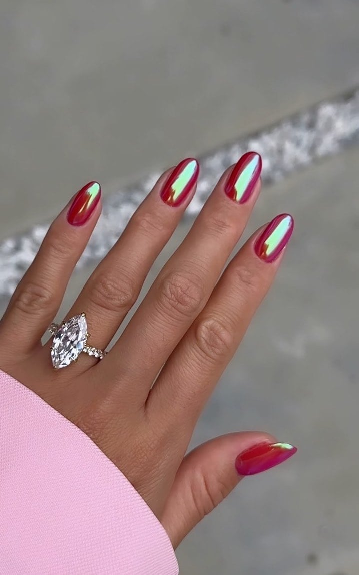 Medium Stiletto Iridescent Red Chrome Color Shift — Classy Burgundy Chrome Nails