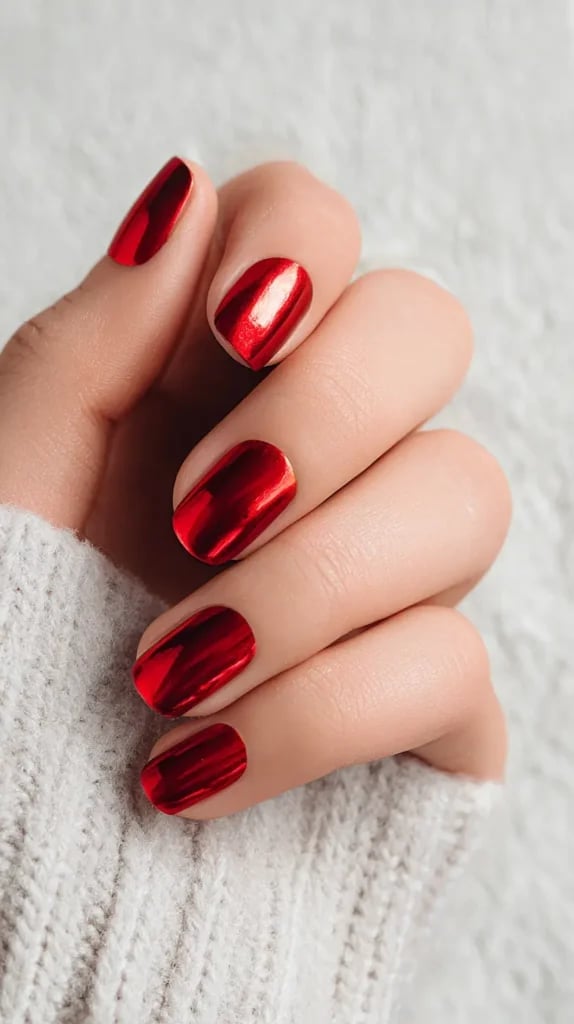 Short Oval Deep Red Chrome Nails — Classy Burgundy Chrome Nails
