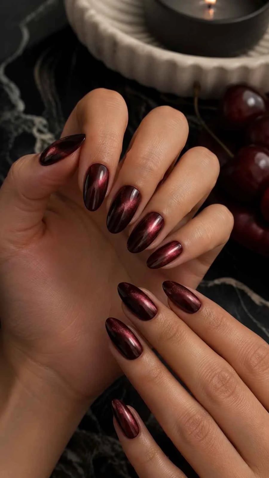 Medium Almond Burgundy Chrome Cat-Eye Nails — Classy Burgundy Chrome Nails