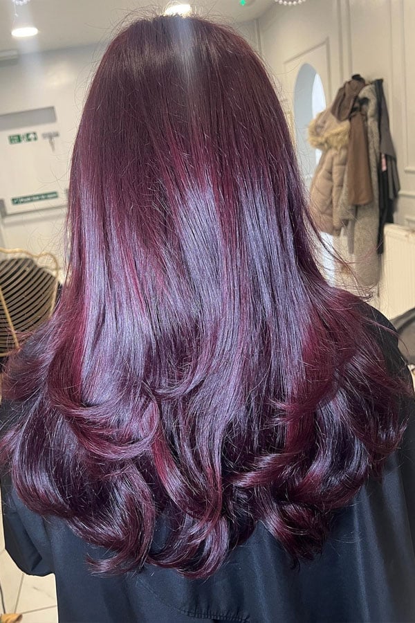 Mid-Back Blowout With Subtle Dark Burgundy — Classy Burgundy Highlights