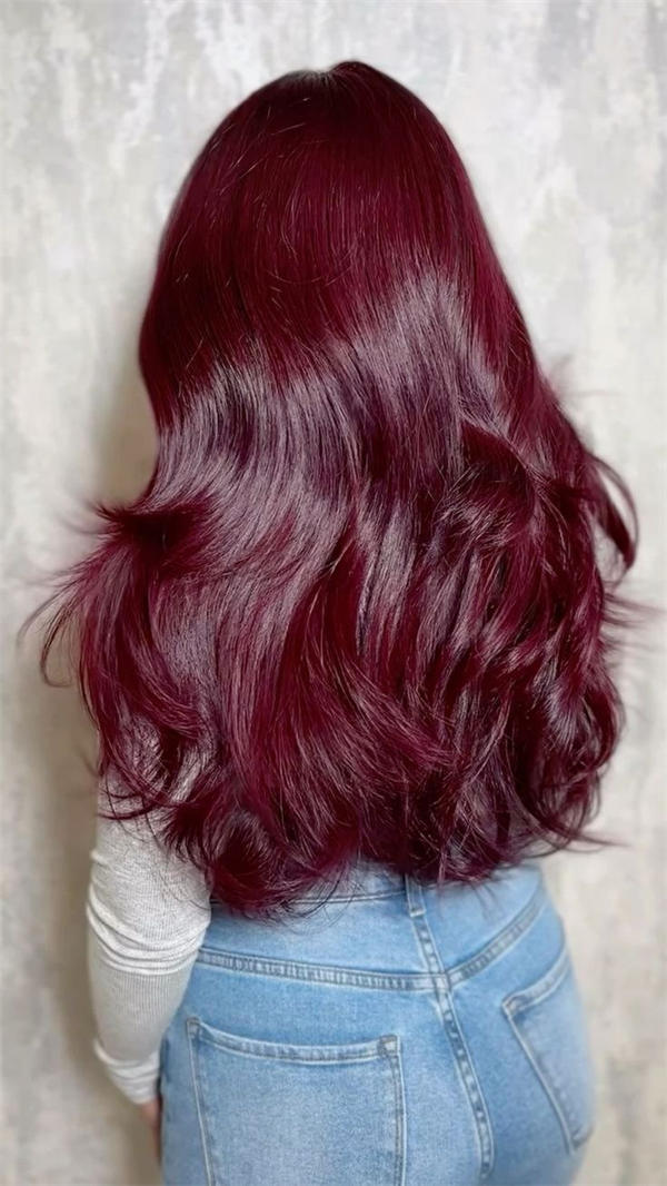 Mid-Back Voluminous Waves In Deep Burgundy — Classy Burgundy Highlights
