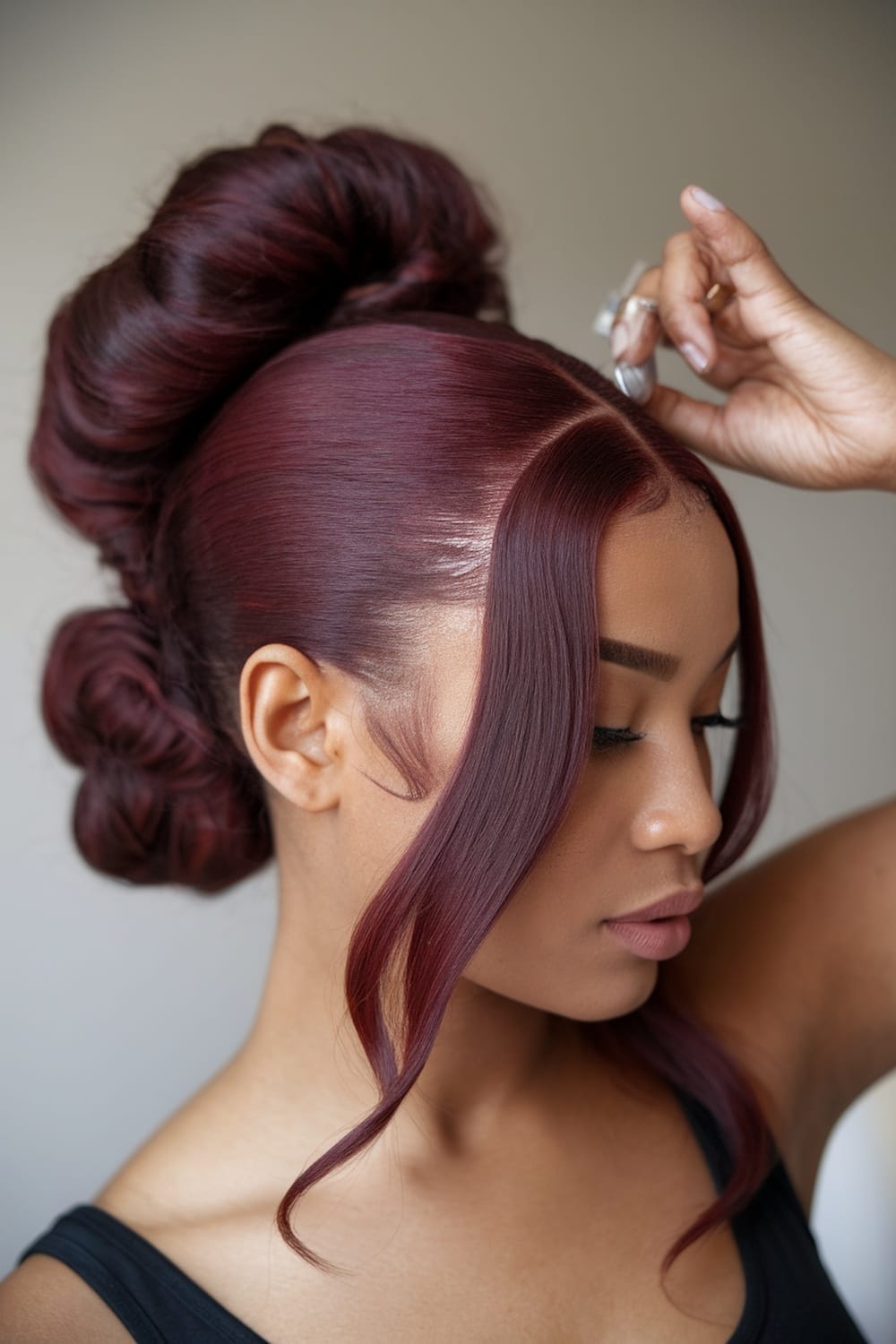 Thick Wavy Updo With Face-Framing Tendrils — Classy Burgundy Highlights