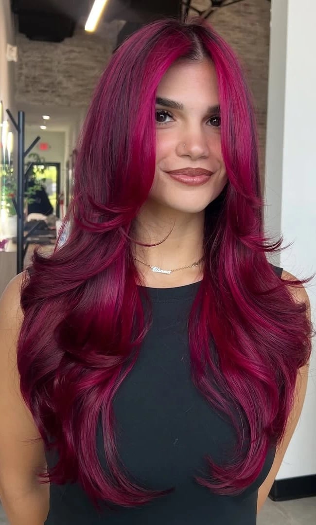 Mid-Back Layers With Black Cherry Burgundy Gloss — Classy Burgundy Highlights