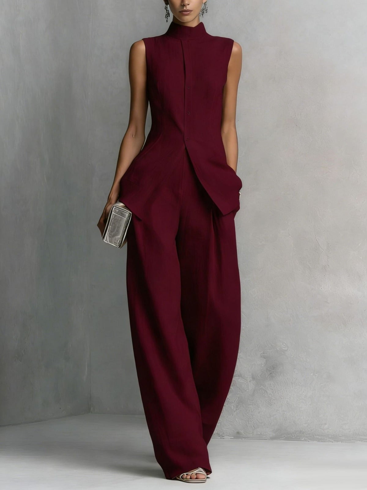 ELEGANT HIGH NECK BUTTONED SET WITH WIDE-LEG PANTS – Loopy Wear