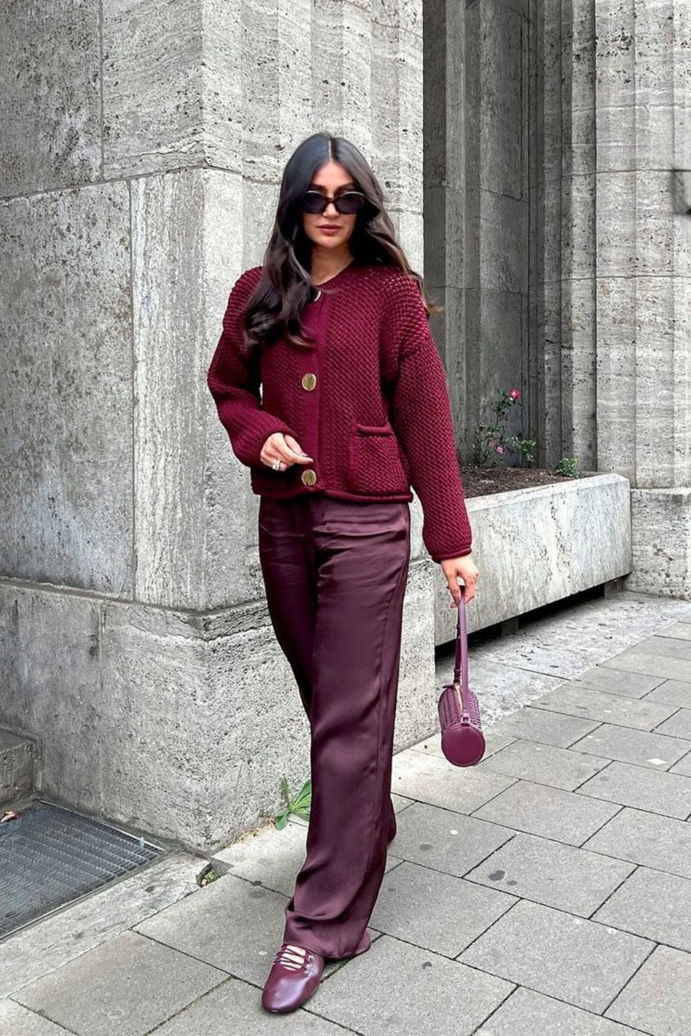 Burgundy Satin Straight-Leg Pants with a Knit Cardigan Burgundy Satin Straight-Leg Pants with a Knit Cardigan — Classy Burgundy Pants Outfits