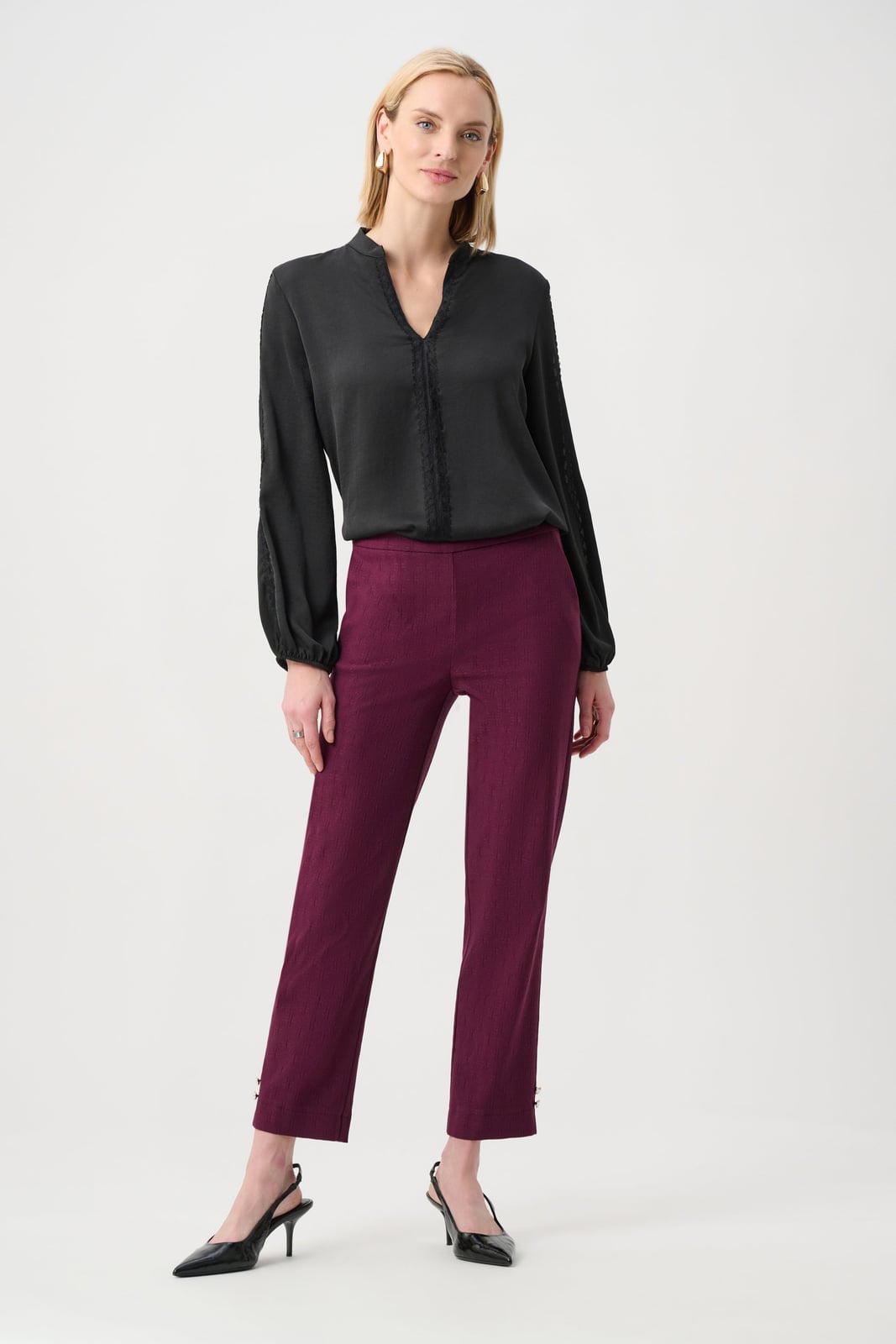 Burgundy Straight-Leg Trousers with a Black Lace-Trim Blouse Burgundy Straight-Leg Trousers with a Black Lace-Trim Blouse — Classy Burgundy Pants Outfits