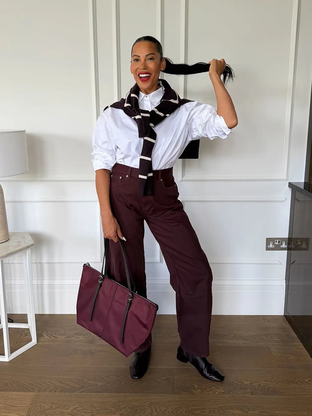 Burgundy Straight-Leg Trousers with a White Shirt and Sweater Burgundy Straight-Leg Trousers with a White Shirt and Sweater — Classy Burgundy Pants Outfits