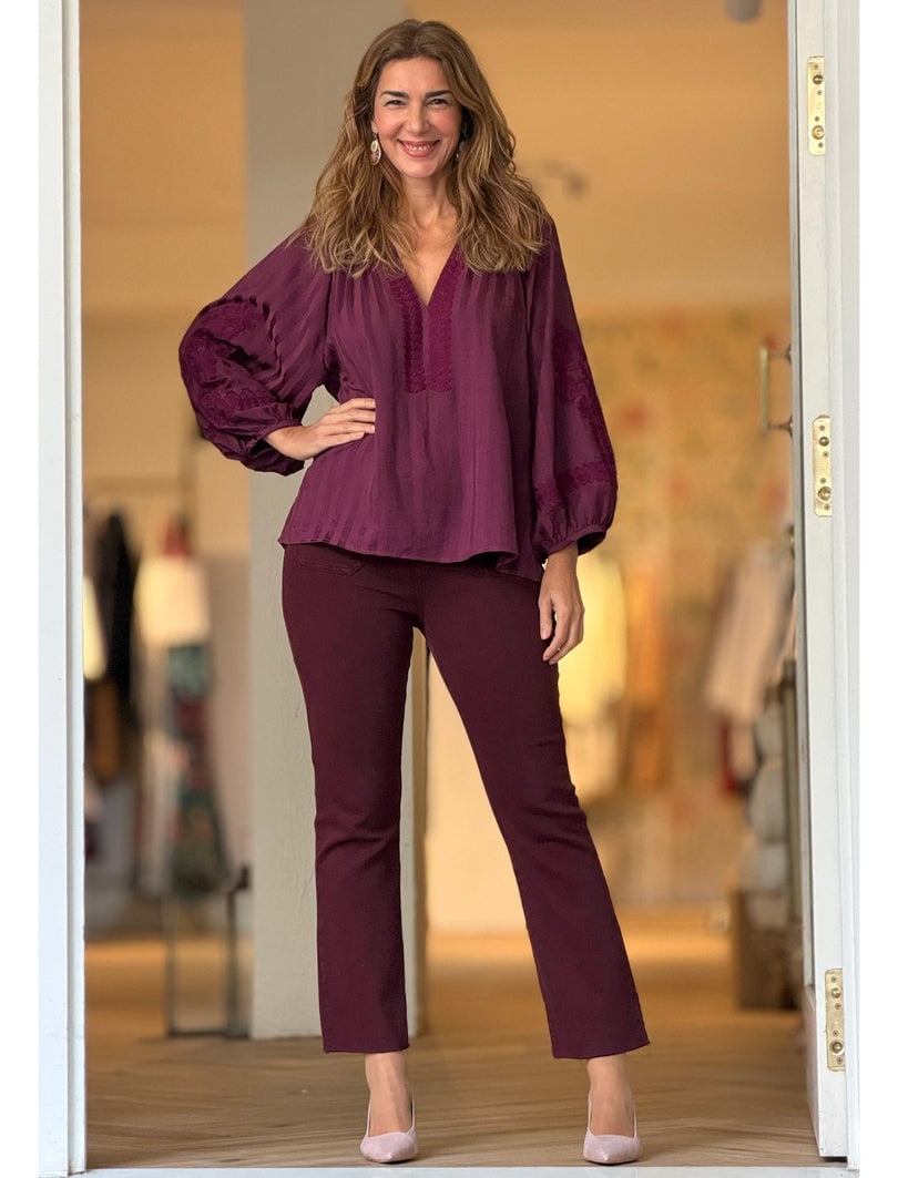 Plum Slim-Fit Trousers with an Embroidered Blouse Plum Slim-Fit Trousers with an Embroidered Blouse — Classy Burgundy Pants Outfits