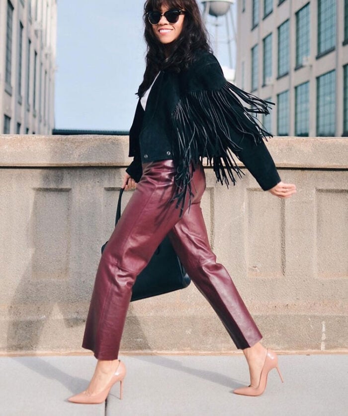 Burgundy Leather Trousers with Fringe Jacket Detail Burgundy Leather Trousers with Fringe Jacket Detail — Classy Burgundy Pants Outfits