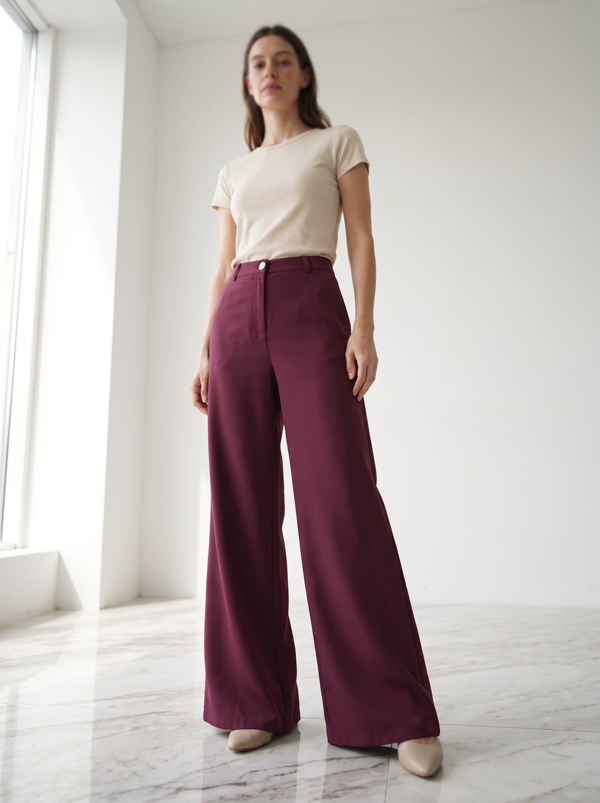 High-waisted Wide-Leg Burgundy Trousers with Cream, Close-Up Take High-waisted Wide-Leg Burgundy Trousers with Cream, Close-Up Take — Classy Burgundy Pants Outfits