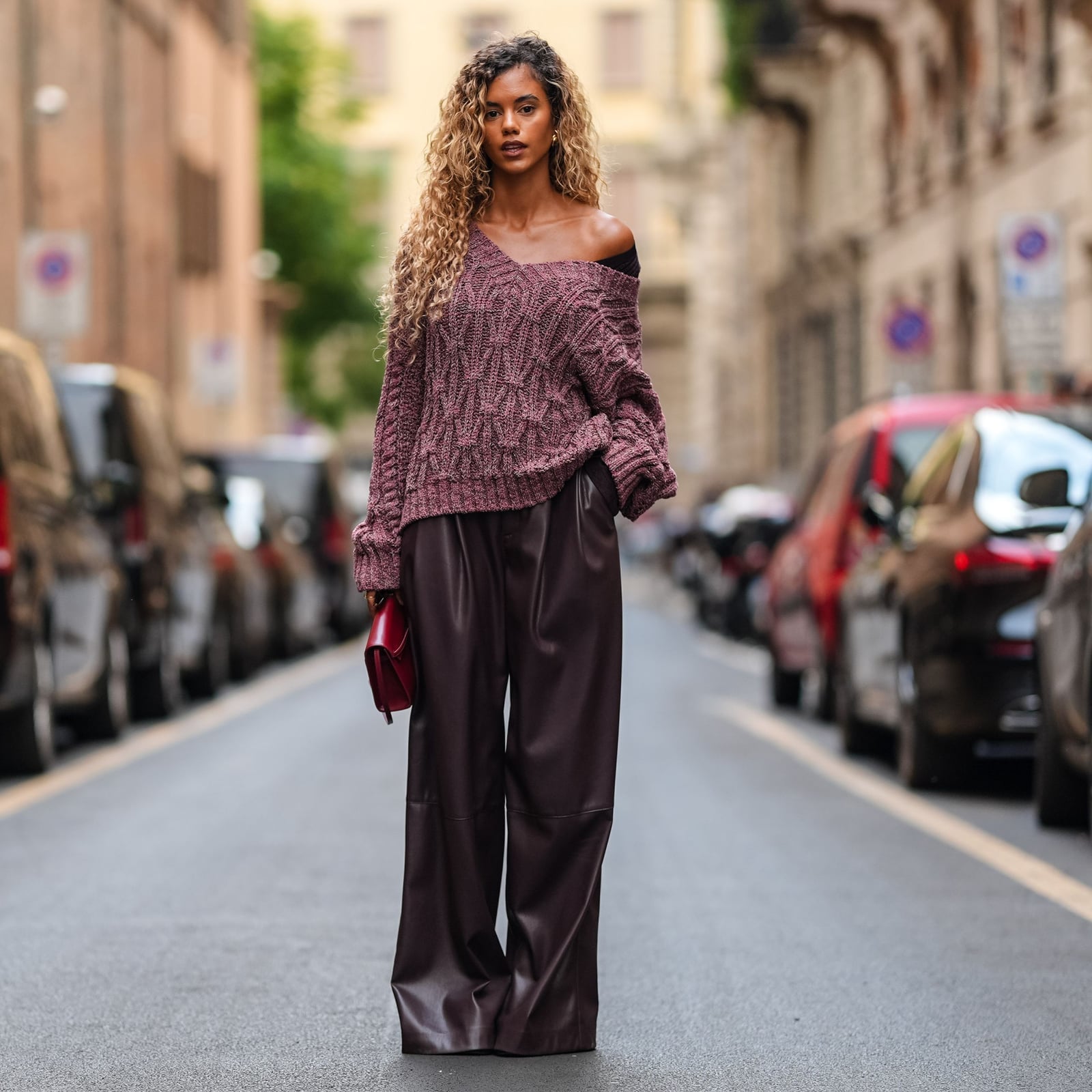 Dark Brown Leather Wide-Leg Pants with a Mauve Knit Sweater Dark Brown Leather Wide-Leg Pants with a Mauve Knit Sweater — Classy Burgundy Pants Outfits