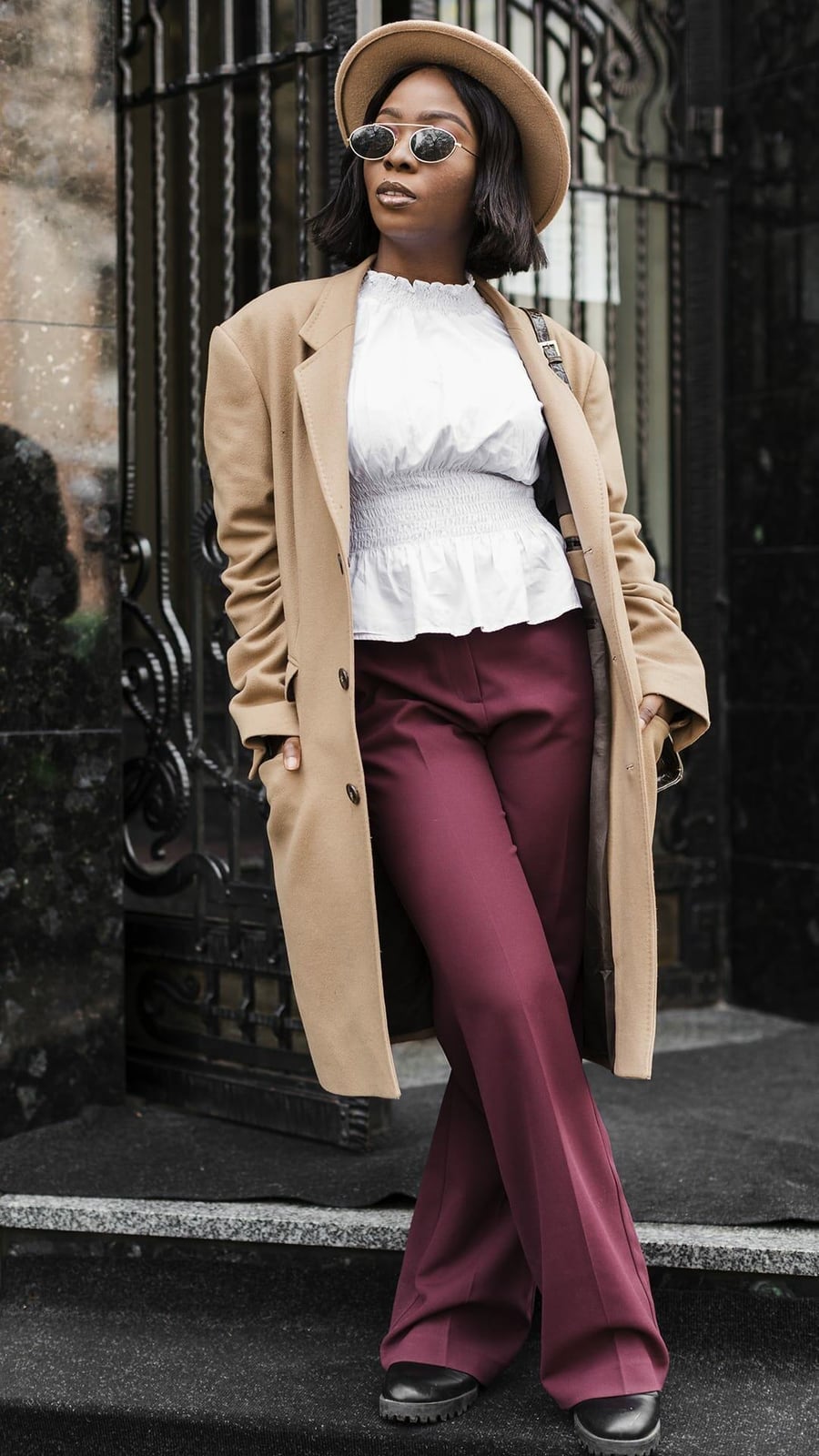 Burgundy Wide-Leg Trousers with Camel Coat Burgundy Wide-Leg Trousers with Camel Coat — Classy Burgundy Pants Outfits