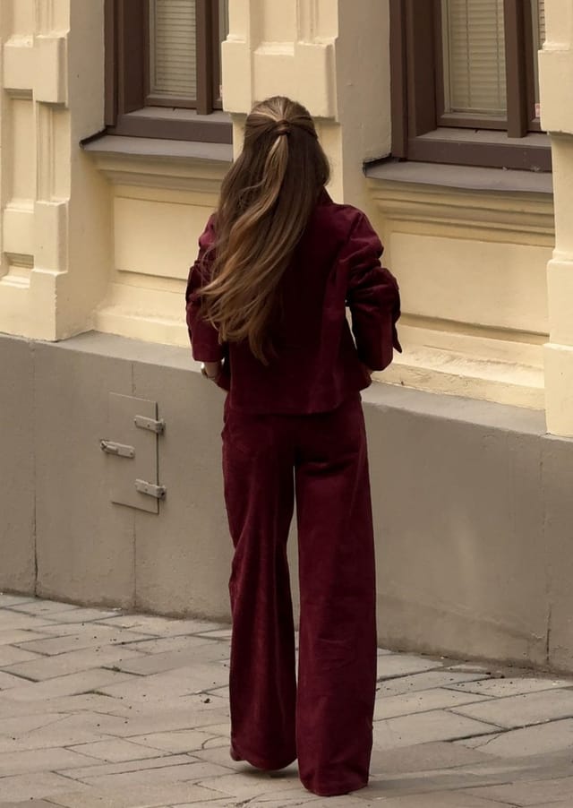 Burgundy Velvet Suit with Wide-Leg Trousers Burgundy Velvet Suit with Wide-Leg Trousers — Classy Burgundy Pants Outfits