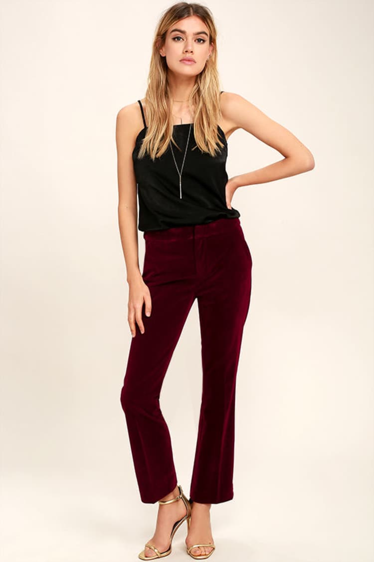 Burgundy Velvet Flare-Leg Trousers with Black Camisole Burgundy Velvet Flare-Leg Trousers with Black Camisole — Classy Burgundy Pants Outfits