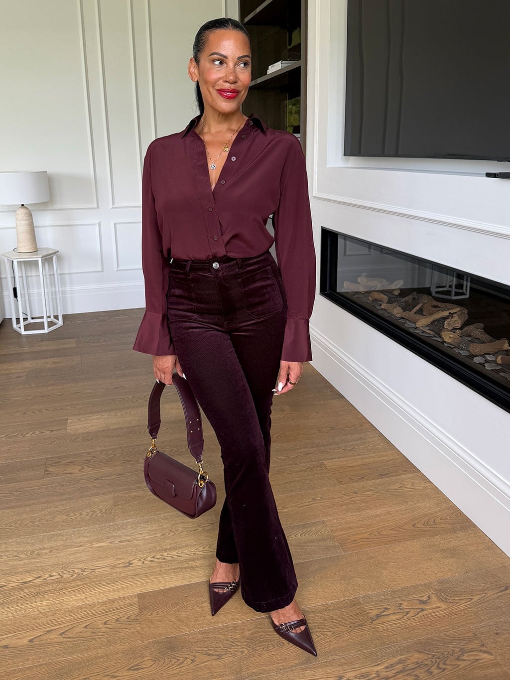 Burgundy Velvet Flared Trousers with a Matching Silk Blouse Burgundy Velvet Flared Trousers with a Matching Silk Blouse — Classy Burgundy Pants Outfits
