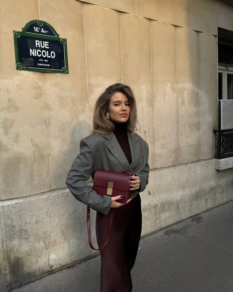 Burgundy Straight-Leg Trousers with a Grey Blazer Burgundy Straight-Leg Trousers with a Grey Blazer — Classy Burgundy Pants Outfits