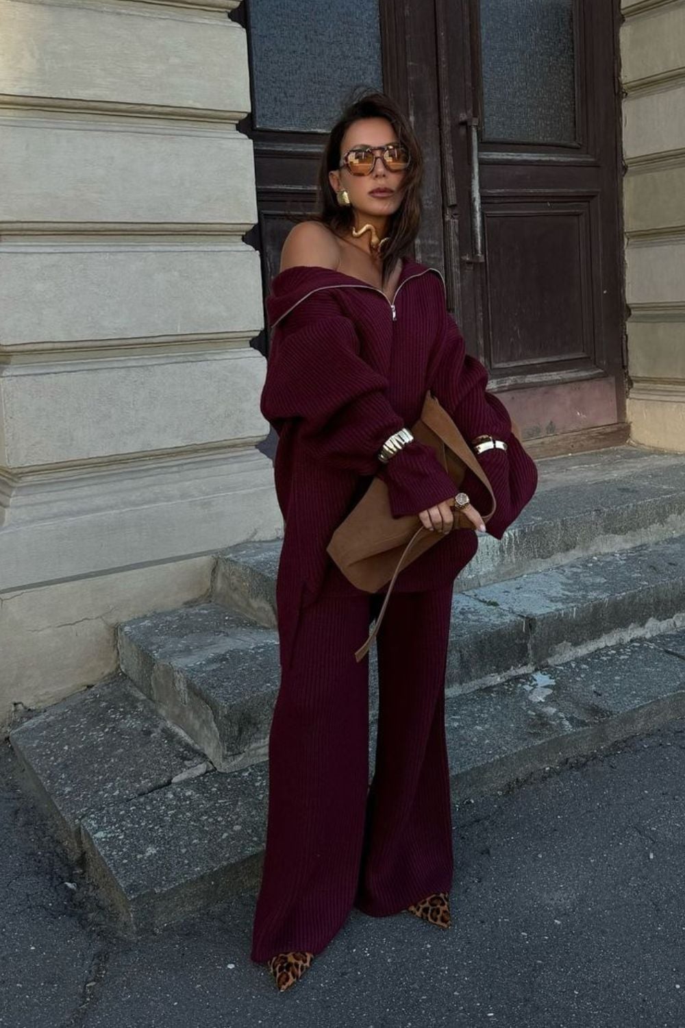 Oversized Burgundy Knit Set with Leopard Print Heels Oversized Burgundy Knit Set with Leopard Print Heels — Classy Burgundy Pants Outfits